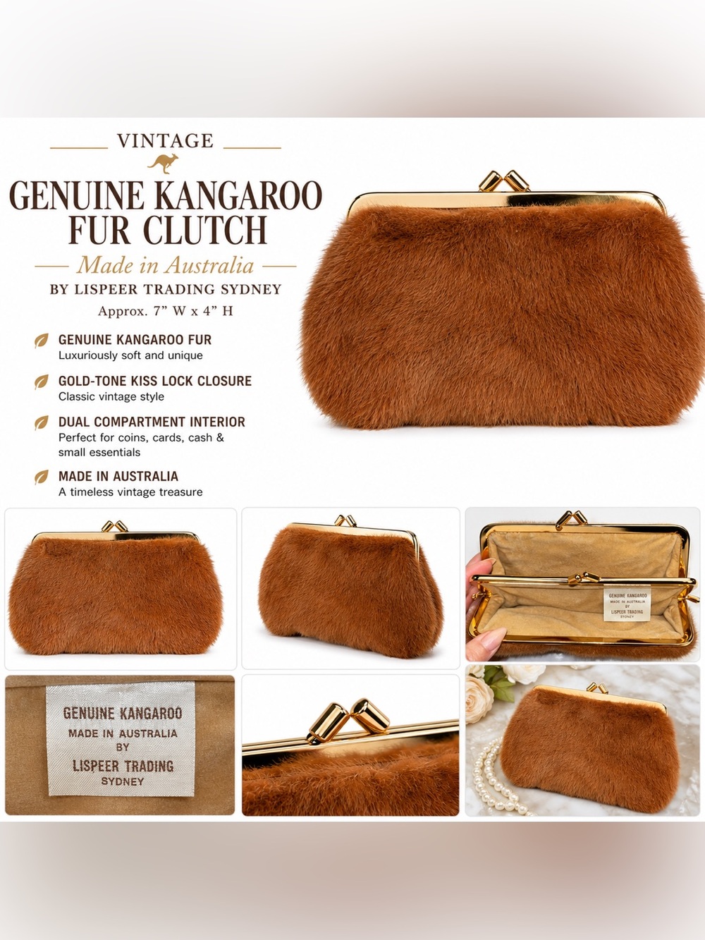 Vintage Genuine Kangaroo Fur Double Kiss Lock Clutch Coin Purse Made inAustralia